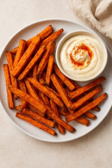 Air Fryer Sweet Potato Fries with Spicy Garlic Dip