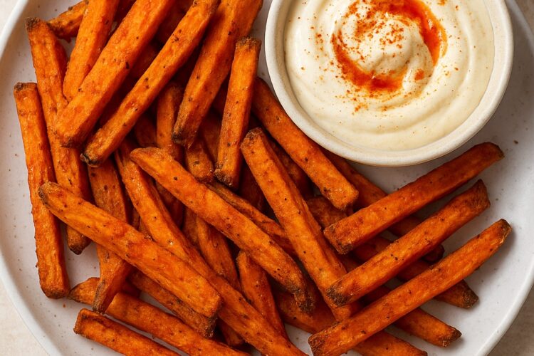 Air Fryer Sweet Potato Fries with Spicy Garlic Dip