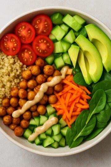 Vegan Buddha Bowl with Quinoa, Roasted Chickpeas & Tahini Dressing