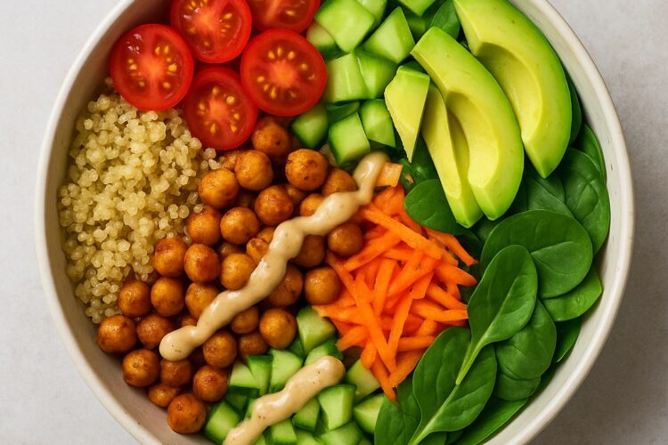 Vegan Buddha Bowl with Quinoa, Roasted Chickpeas & Tahini Dressing