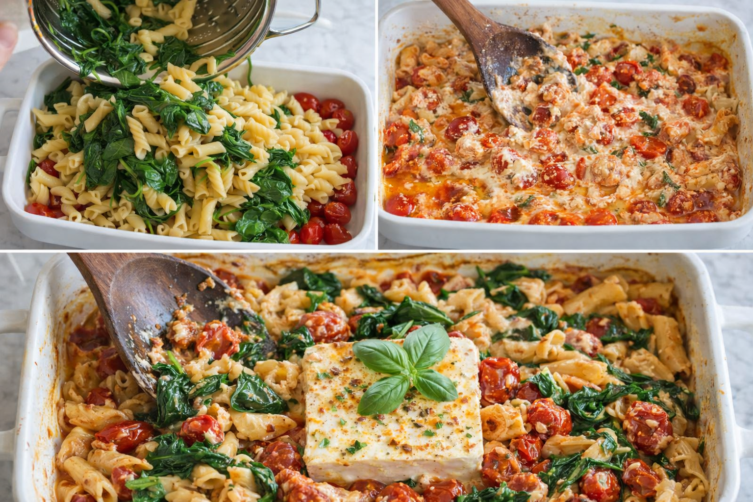 Final steps of baked feta pasta mixing roasted feta and tomatoes with cooked pasta and spinach