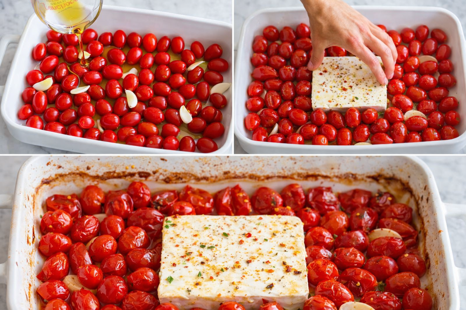 Baked feta pasta preparation steps with cherry tomatoes, garlic, olive oil, and feta cheese in baking dish