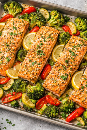 Sheet-Pan Lemon Garlic Salmon with Roasted Vegetables