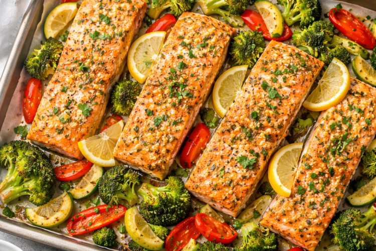 Sheet-Pan Lemon Garlic Salmon with Roasted Vegetables